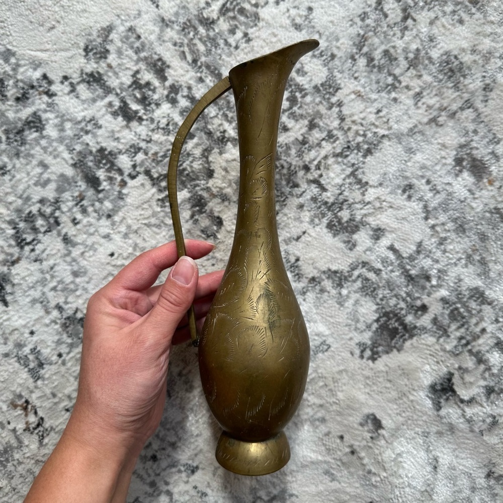 Vintage Brass Etched Bird Wing Pitcher 10”